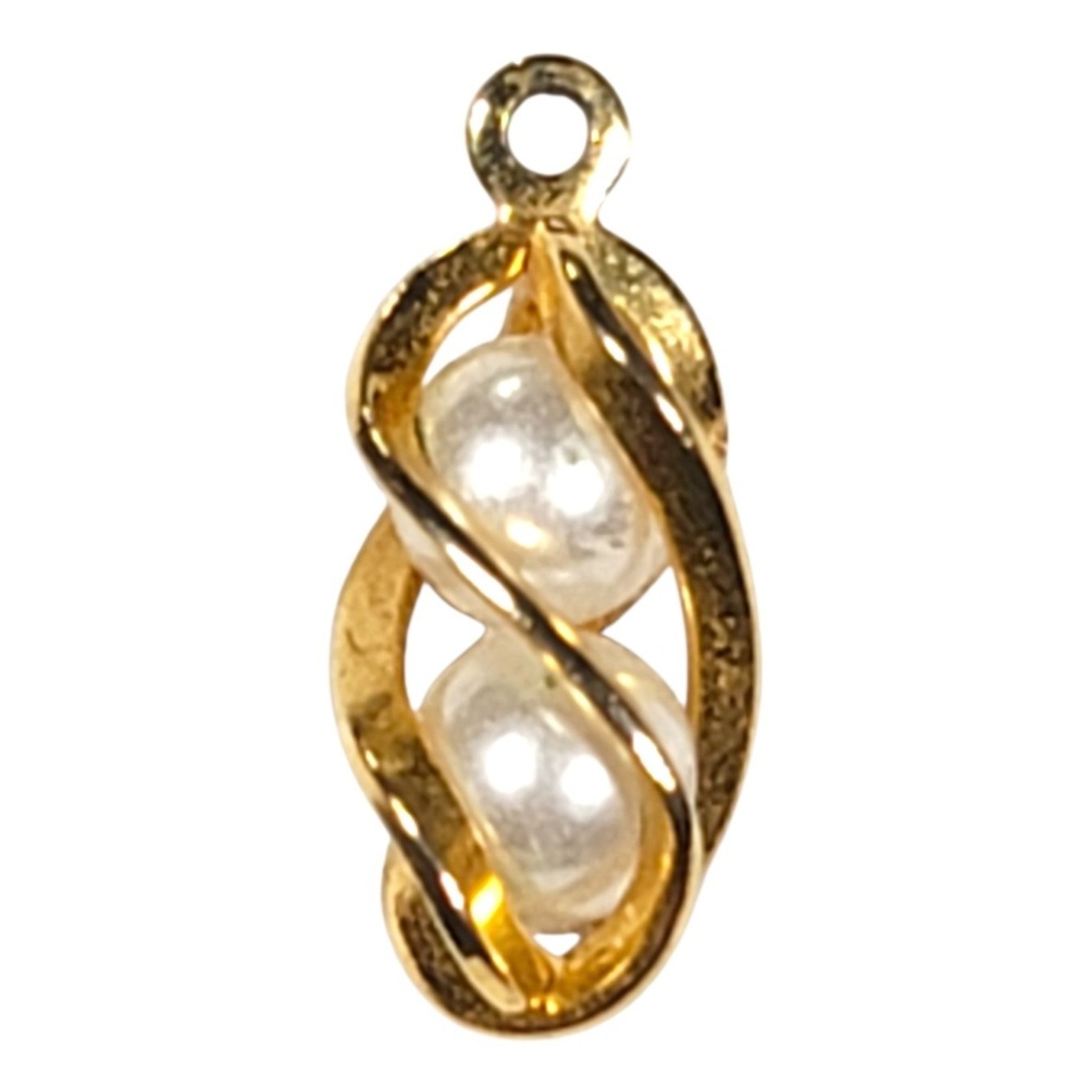 Faux Pearl Gold Tone Twisted Cage Pendant Peas In A Pod Spiral Swirl Classic